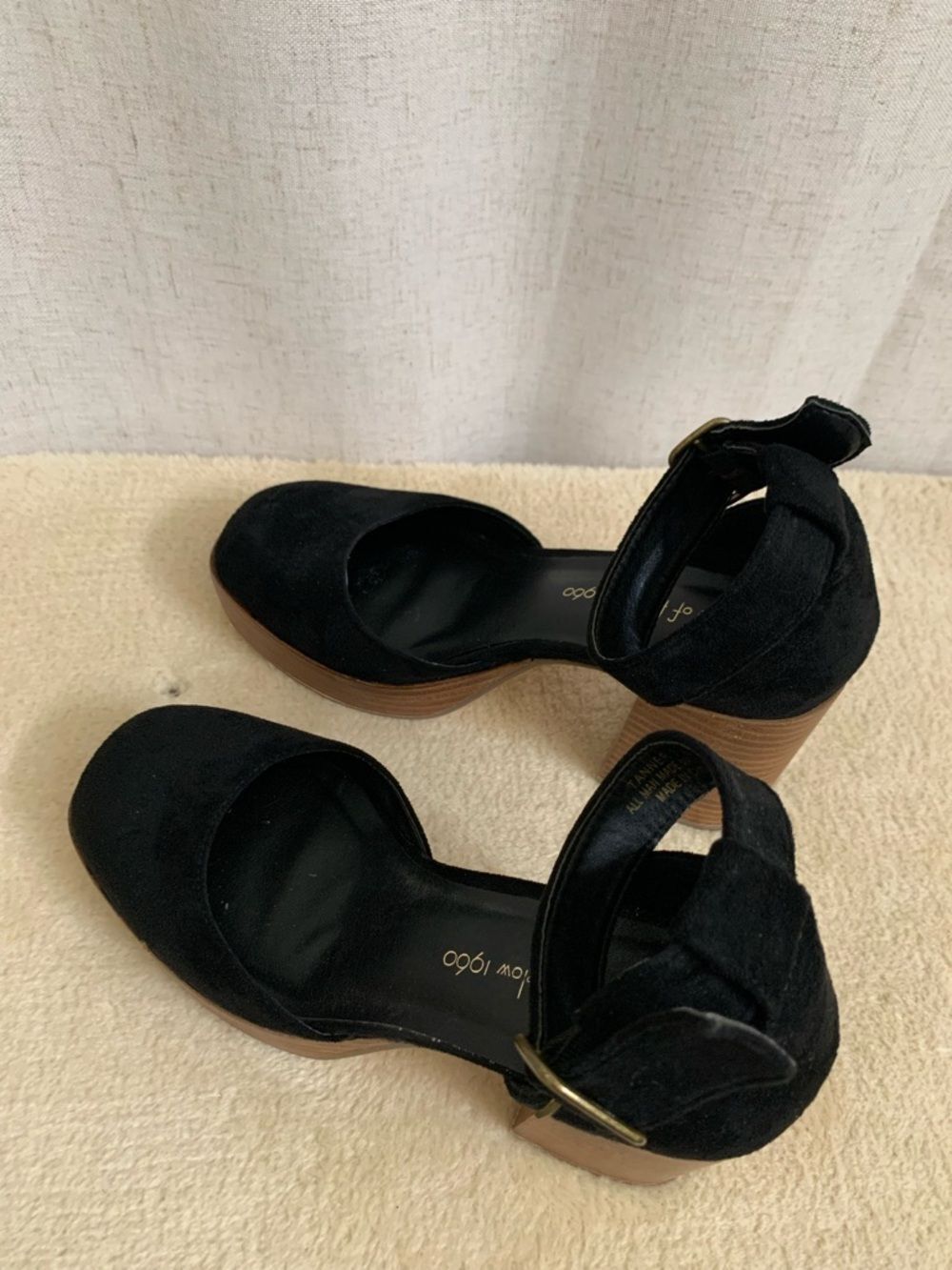 House of Harlow 1960 Black Faux Suede Platform AnkleStrap Block Chunky Wood Heel - Picture 5 of 11